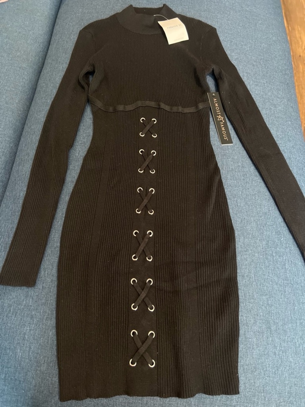 Forever 21 Black Ribbed Long-Sleeve Lace-Up Midi Dress